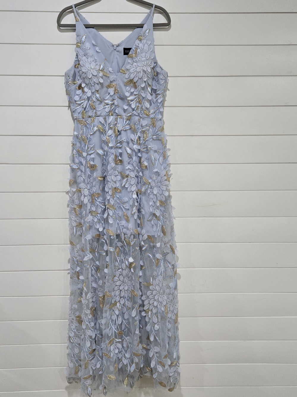 Xscape Pale Blue Floral 3D Appliqué Formal Dress Gold Accents Sz 12 Wedding HOCO